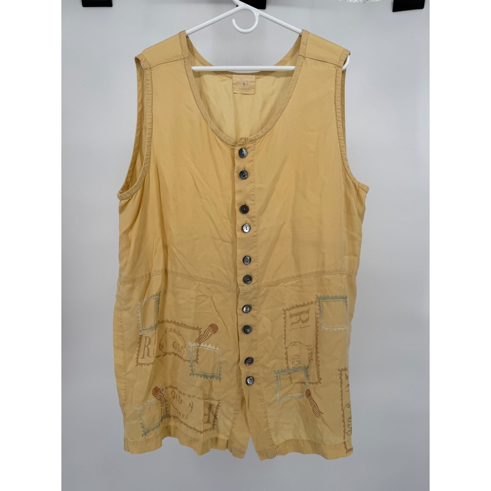 Blue Fish Yellow Tencel Postage Stamp Paris Print‎ Longline Button Front Vest L